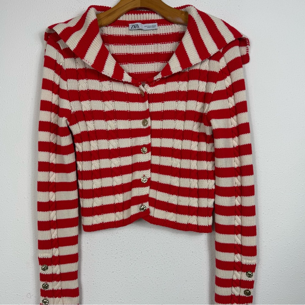 Zara Sailor Collar Striped Cable Knit Cardigan Sweater Red Sz Medium - Picture 2 of 6